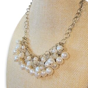 Francesca's Faux pearl and clear faceted bead chunky statement necklace